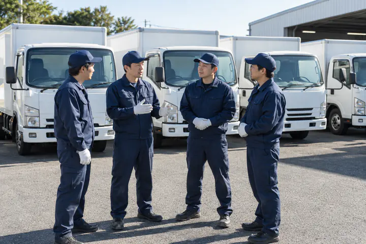 トラックの前で打ち合わせをするスタッフ